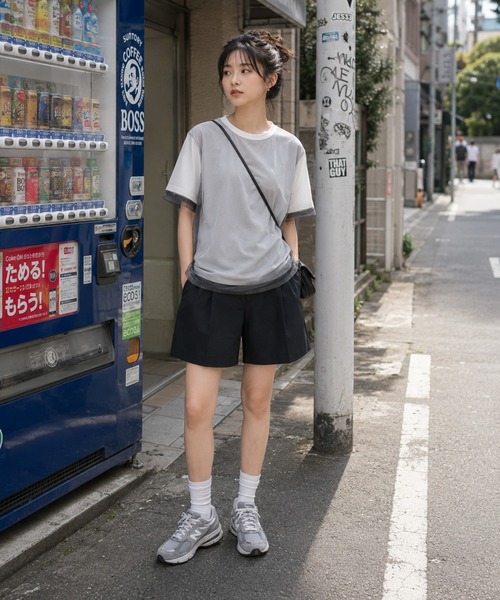 KONVINI（コンビニ）の「【KONVINI select】シアーチュールレイヤード半袖Tシャツ　オフィスカジュアル（Tシャツ/カットソー・レディース・グレー/ブラック/ホワイト・FREE）」の13枚目の写真