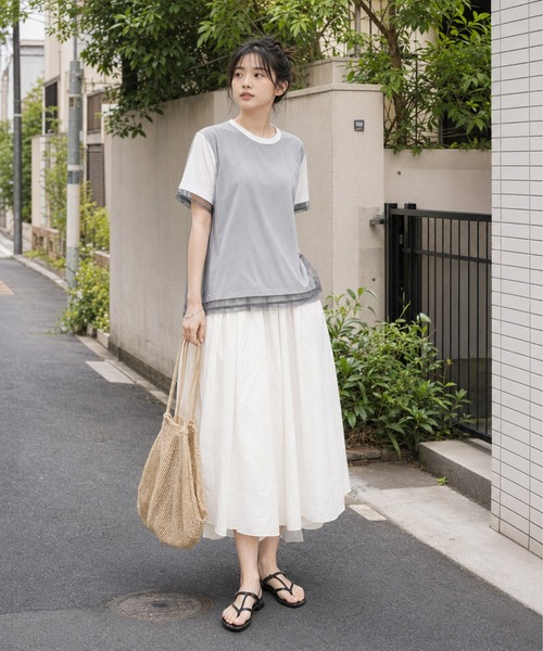 KONVINI（コンビニ）の「【KONVINI select】シアーチュールレイヤード半袖Tシャツ　オフィスカジュアル（Tシャツ/カットソー・レディース・グレー/ブラック/ホワイト・FREE）」の14枚目の写真
