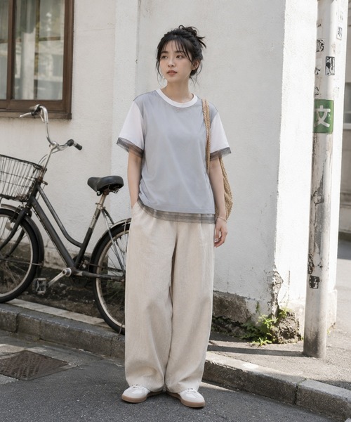 KONVINI（コンビニ）の「【KONVINI select】シアーチュールレイヤード半袖Tシャツ　オフィスカジュアル（Tシャツ/カットソー・レディース・グレー/ブラック/ホワイト・FREE）」の5枚目の写真