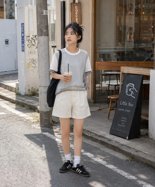KONVINI（コンビニ）の「【KONVINI select】シアーチュールレイヤード半袖Tシャツ　オフィスカジュアル（Tシャツ/カットソー・レディース・グレー/ブラック/ホワイト・FREE）」の15枚目の写真