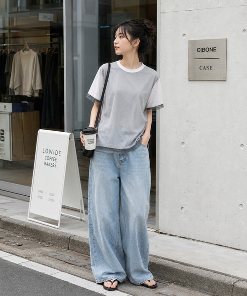 KONVINI（コンビニ）の「【KONVINI select】シアーチュールレイヤード半袖Tシャツ　オフィスカジュアル（Tシャツ/カットソー・レディース・グレー/ブラック/ホワイト・FREE）」の16枚目の写真