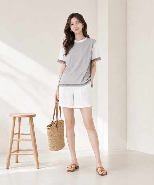KONVINI（コンビニ）の「【KONVINI select】シアーチュールレイヤード半袖Tシャツ　オフィスカジュアル（Tシャツ/カットソー・レディース・グレー/ブラック/ホワイト・FREE）」の17枚目の写真