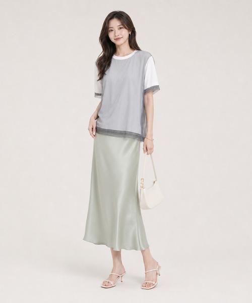 KONVINI（コンビニ）の「【KONVINI select】シアーチュールレイヤード半袖Tシャツ　オフィスカジュアル（Tシャツ/カットソー・レディース・グレー/ブラック/ホワイト・FREE）」の8枚目の写真