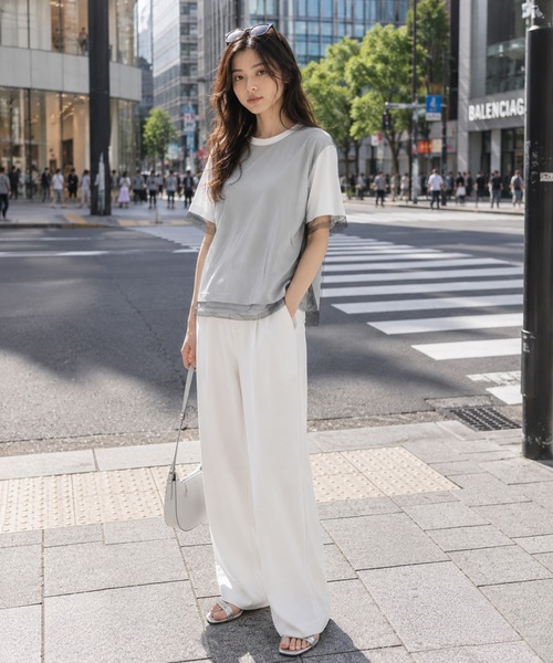KONVINI（コンビニ）の「【KONVINI select】シアーチュールレイヤード半袖Tシャツ　オフィスカジュアル（Tシャツ/カットソー・レディース・グレー/ブラック/ホワイト・FREE）」の7枚目の写真