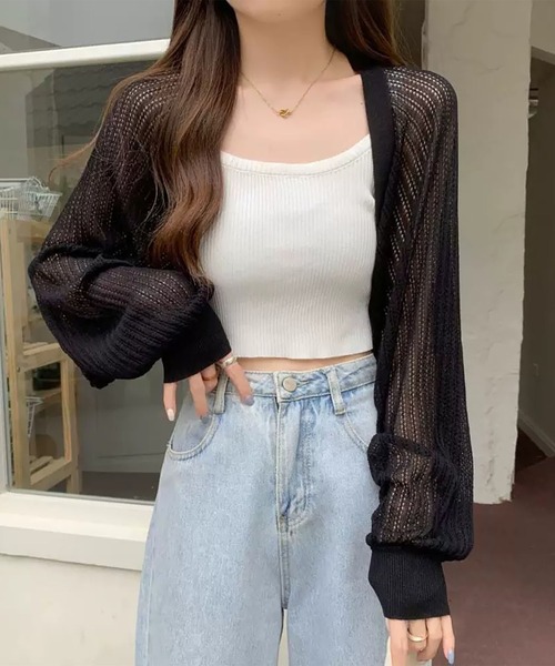 MAISON DE THERESE(メゾン ド テレーズ)の「透かし編み薄手ルーズバルーンスリーブ UV カットニットカーディガン(ニット/セーター・レディース・Black/アイボリー/A/Purple/White・M)」の3枚目の写真