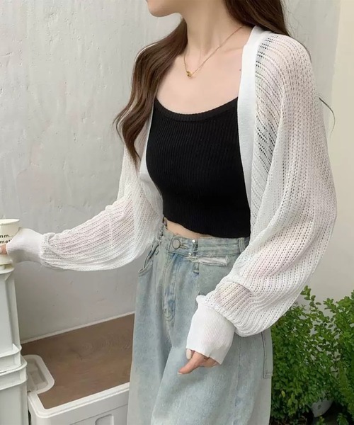 MAISON DE THERESE(メゾン ド テレーズ)の「透かし編み薄手ルーズバルーンスリーブ UV カットニットカーディガン(ニット/セーター・レディース・Black/アイボリー/A/Purple/White・M)」の6枚目の写真