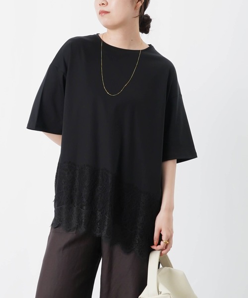 LUCA/LADY LUCK LUCA(ルカ/レディラックルカ)の「LC/LLL コンパクトスムースアシメレースドッキングプルオーバー(Tシャツ/カットソー・レディース・ブラック/ダークブラウン/オフホワイト・FREE)」の1枚目の写真