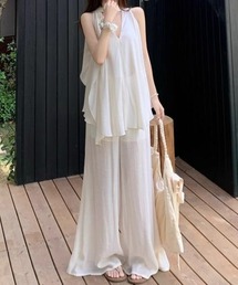 Vネックノースリーブトップス+パンツセットアップ
