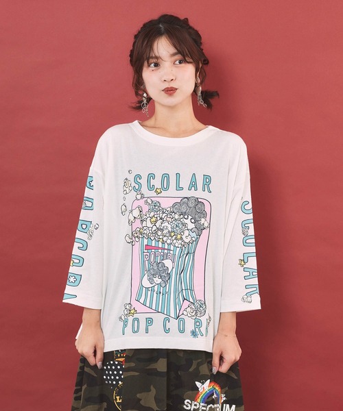 ScoLar(スカラー)の「163654:ポップコーン柄 ロングスリーブTシャツ(Tシャツ/カットソー・レディース・オフホワイト/ブルー/ブラック・M)」の5枚目の写真