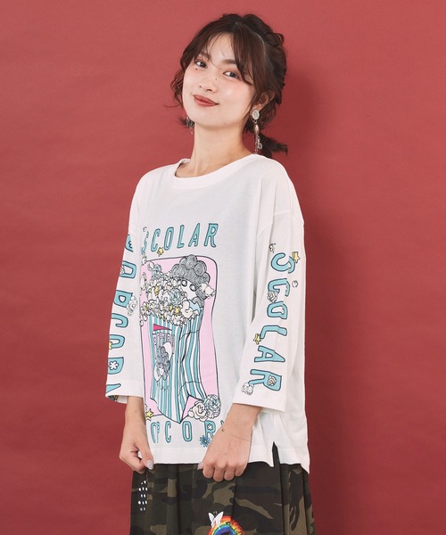 ScoLar(スカラー)の「163654:ポップコーン柄 ロングスリーブTシャツ(Tシャツ/カットソー・レディース・オフホワイト/ブルー/ブラック・M)」の6枚目の写真