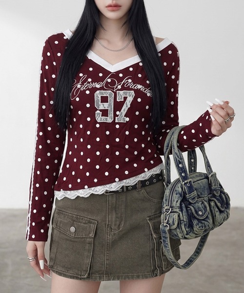 non-hedge（ノンヘッジ）の「ドットナンバリングオフショルダーロンT（Tシャツ/カットソー・レディース・ワインレッド/ネイビー/グレー/ブラウン・FREE）」の4枚目の写真