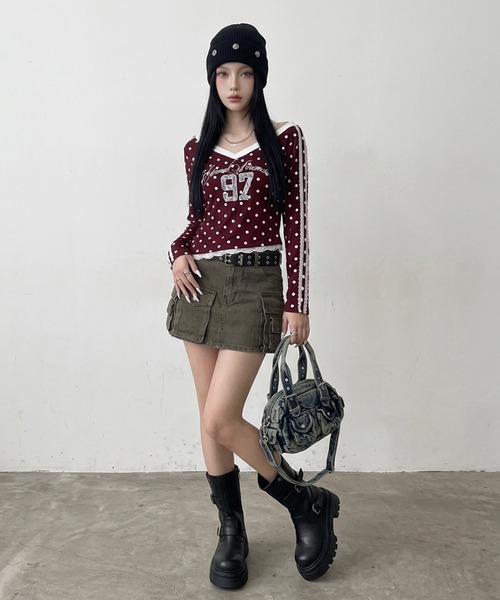 non-hedge（ノンヘッジ）の「ドットナンバリングオフショルダーロンT（Tシャツ/カットソー・レディース・ワインレッド/ネイビー/グレー/ブラウン・FREE）」の8枚目の写真