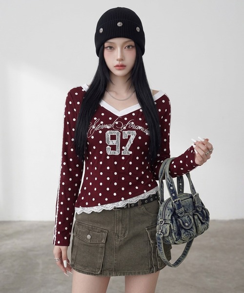 non-hedge（ノンヘッジ）の「ドットナンバリングオフショルダーロンT（Tシャツ/カットソー・レディース・ワインレッド/ネイビー/グレー/ブラウン・FREE）」の5枚目の写真