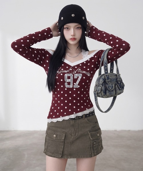 non-hedge（ノンヘッジ）の「ドットナンバリングオフショルダーロンT（Tシャツ/カットソー・レディース・ワインレッド/ネイビー/グレー/ブラウン・FREE）」の6枚目の写真