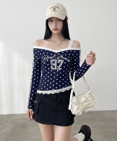 non-hedge（ノンヘッジ）の「ドットナンバリングオフショルダーロンT（Tシャツ/カットソー・レディース・ワインレッド/ネイビー/グレー/ブラウン・FREE）」の15枚目の写真