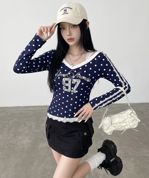 non-hedge（ノンヘッジ）の「ドットナンバリングオフショルダーロンT（Tシャツ/カットソー・レディース・ワインレッド/ネイビー/グレー/ブラウン・FREE）」の16枚目の写真
