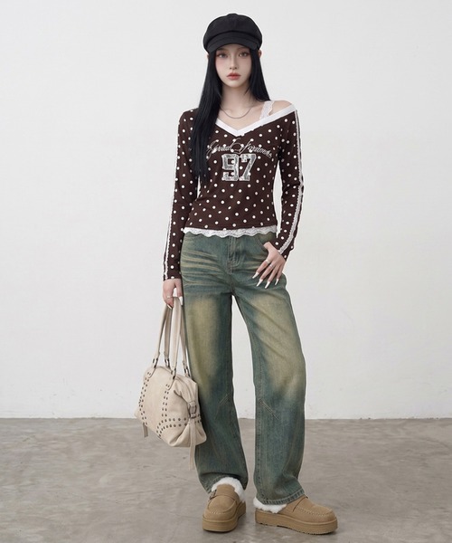 non-hedge（ノンヘッジ）の「ドットナンバリングオフショルダーロンT（Tシャツ/カットソー・レディース・ワインレッド/ネイビー/グレー/ブラウン・FREE）」の14枚目の写真