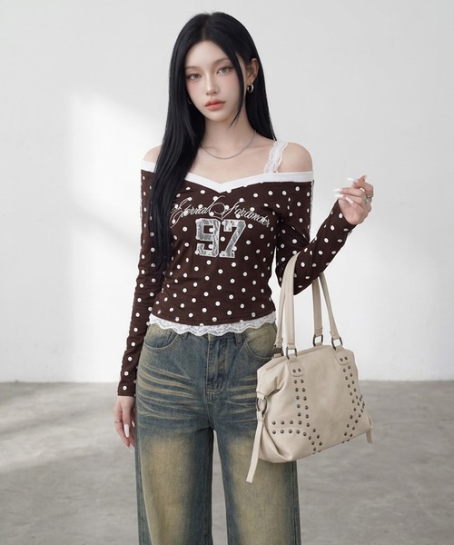 non-hedge（ノンヘッジ）の「ドットナンバリングオフショルダーロンT（Tシャツ/カットソー・レディース・ワインレッド/ネイビー/グレー/ブラウン・FREE）」の13枚目の写真