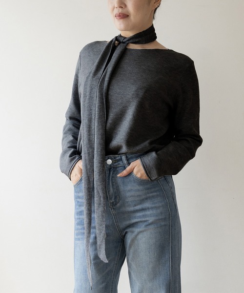 JOCOSA(ジョコサ)の「ウール混 鹿の子編み リボンタイニット(ニット/セーター・レディース・グレー/ブラック/ブルー/ピンク/チャコール/アイボリー・FREE)」の22枚目の写真
