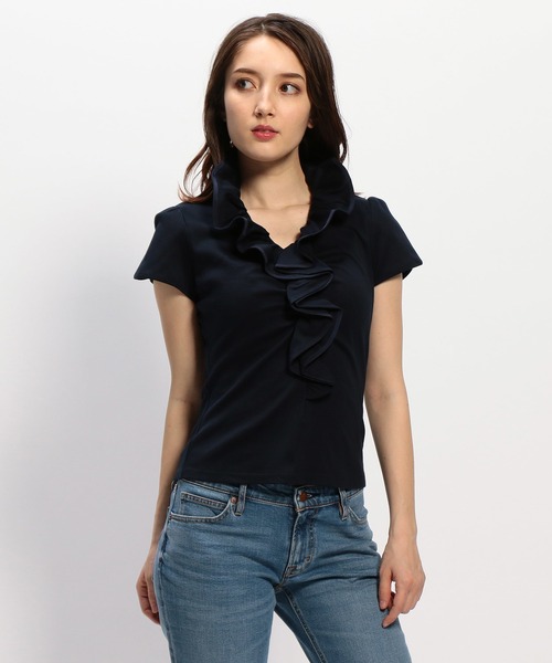 NARACAMICIE(ナラカミーチェ)の「コットンスムーススタンドフリル半袖カットソーブラウス(Tシャツ/カットソー・レディース・パープル/ネイビー/ホワイト/グリーン/レッド/ボルドー/グリーン系その他/レッド系その他/サックスブルー・SMALL/MEDIUM/LARGE)」の5枚目の写真