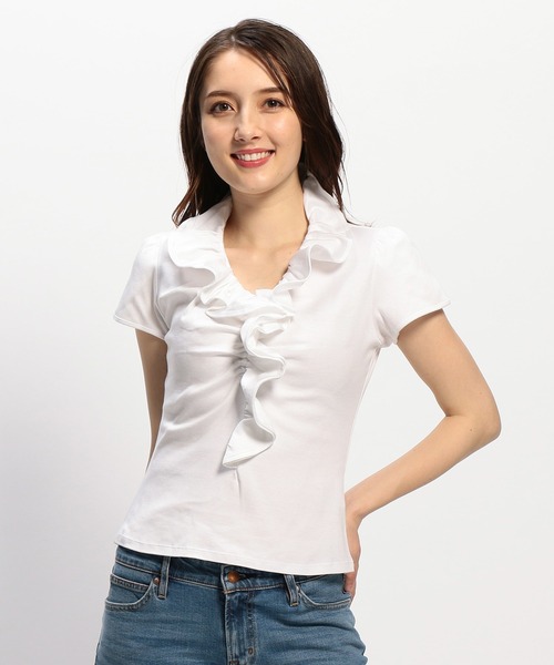 NARACAMICIE(ナラカミーチェ)の「コットンスムーススタンドフリル半袖カットソーブラウス(Tシャツ/カットソー・レディース・パープル/ネイビー/ホワイト/グリーン/レッド/ボルドー/グリーン系その他/レッド系その他/サックスブルー・SMALL/MEDIUM/LARGE)」の2枚目の写真