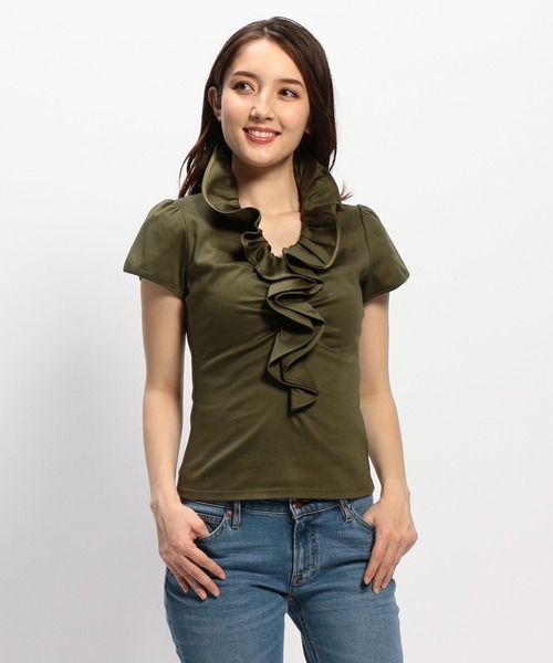 NARACAMICIE(ナラカミーチェ)の「コットンスムーススタンドフリル半袖カットソーブラウス(Tシャツ/カットソー・レディース・パープル/ネイビー/ホワイト/グリーン/レッド/ボルドー/グリーン系その他/レッド系その他/サックスブルー・SMALL/MEDIUM/LARGE)」の3枚目の写真