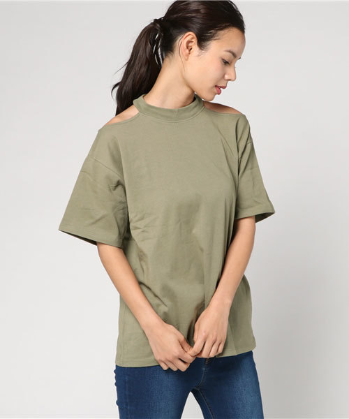 MURUA(ムルーア)の「ショルダーカッティング Tシャツ(Tシャツ/カットソー・レディース・ブラック/カーキ/ホワイト・FREE)」の3枚目の写真