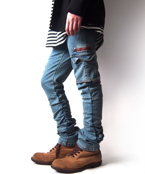 BEATJIVE（ビートジャイブ）の「スリムスキニーシルエットサイドギャザーシャーリングカーゴパンツ メンズ（カーゴパンツ・メンズ・ベージュ/カーキ/インディゴブルー/グリーン系カモフラージュ/ブラック・2/3/4）」の4枚目の写真