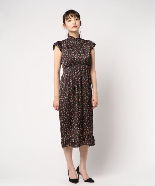 美品】Diane Freis バルーンスリーブ総柄ワンピース レッド系 シルク