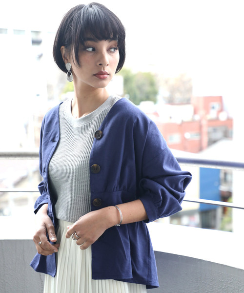 classicalelf（クラシカルエルフ）の「リネン混ミドル丈無地サマージャケット(7分袖)（ブルゾン・レディース・ネイビー/キナリ/イエロー/カーキ・MEDIUM/X-LARGE/LARGE）」の3枚目の写真