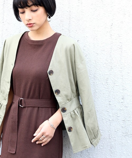 classicalelf（クラシカルエルフ）の「リネン混ミドル丈無地サマージャケット(7分袖)（ブルゾン・レディース・ネイビー/キナリ/イエロー/カーキ・MEDIUM/X-LARGE/LARGE）」の2枚目の写真