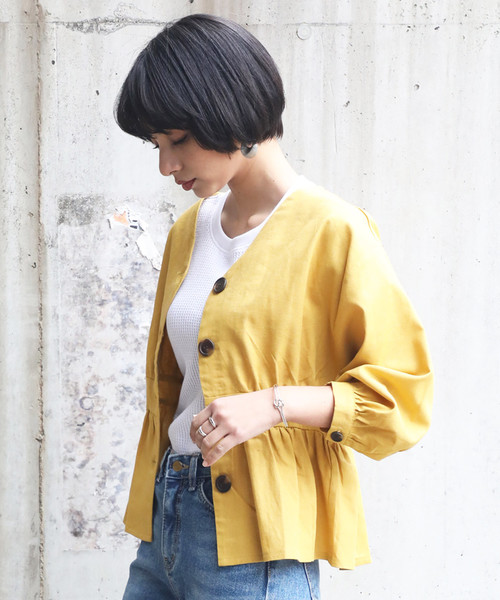 classicalelf（クラシカルエルフ）の「リネン混ミドル丈無地サマージャケット(7分袖)（ブルゾン・レディース・ネイビー/キナリ/イエロー/カーキ・MEDIUM/X-LARGE/LARGE）」の5枚目の写真