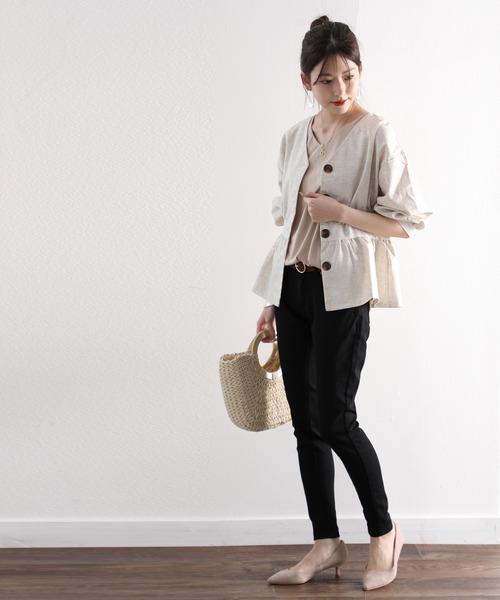 classicalelf（クラシカルエルフ）の「リネン混ミドル丈無地サマージャケット(7分袖)（ブルゾン・レディース・ネイビー/キナリ/イエロー/カーキ・MEDIUM/X-LARGE/LARGE）」の8枚目の写真