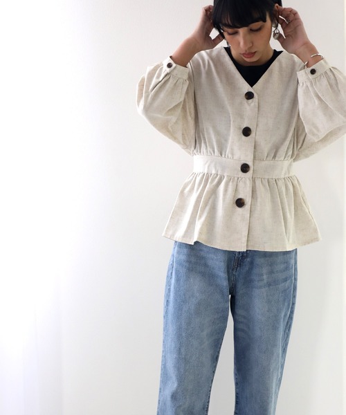 classicalelf（クラシカルエルフ）の「リネン混ミドル丈無地サマージャケット(7分袖)（ブルゾン・レディース・ネイビー/キナリ/イエロー/カーキ・MEDIUM/X-LARGE/LARGE）」の6枚目の写真