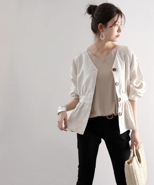 classicalelf（クラシカルエルフ）の「リネン混ミドル丈無地サマージャケット(7分袖)（ブルゾン・レディース・ネイビー/キナリ/イエロー/カーキ・MEDIUM/X-LARGE/LARGE）」の9枚目の写真