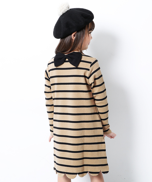 devirock（デビロック）の「スカラップ長袖ワンピース（ワンピース・キッズ・ブラック/ネイビー/杢グレー/キャメル/ホワイト×ネイビー/ネイビー×ホワイト/ベージュ×ブラック・80ｃｍ/90cm/110cm/100cm/120cm/130cm/140cm/150cm/160cm）」の5枚目の写真