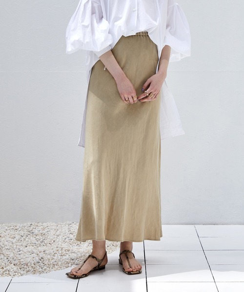 DouDou（ドゥドゥ）の「麻混ソフトマーメイドスカート（スカート・レディース・ピンク/グレイッシュベージュ/ブラック/ブラック系その他/オフホワイト/レッド/イエロー・FREE）」の6枚目の写真