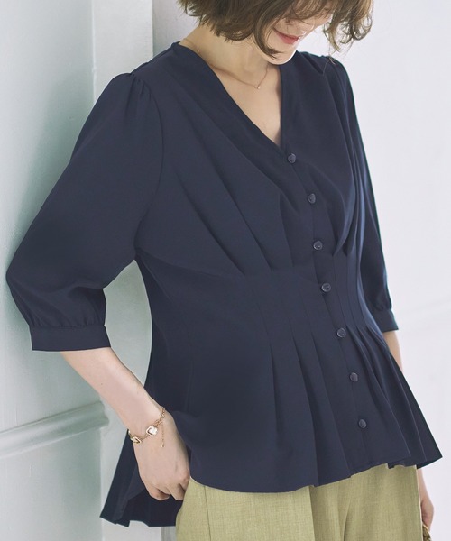 2way 洗える ｜ ウエストタックデザインブラウス ｜ 半袖 Vネック トップス 体型カバー オフィスカジュアル 通勤服 華やか ブラウス（シャツ/ブラウス）｜RUIRUE BOUTIQUE（ルイルエブティック）