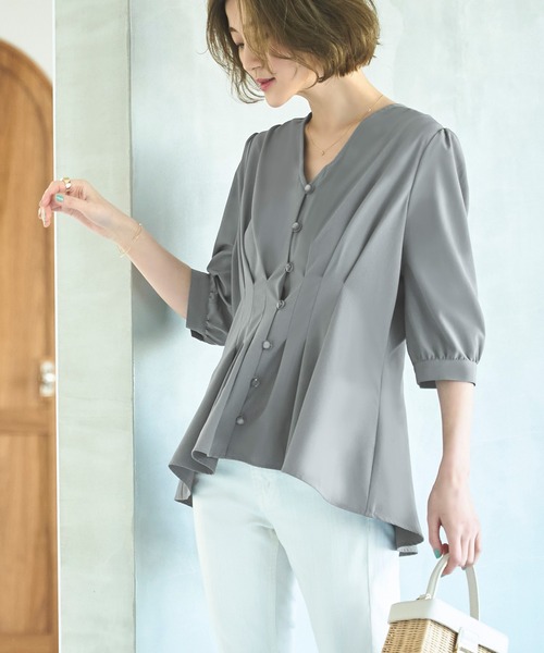 2way 洗える ｜ ウエストタックデザインブラウス ｜ 半袖 Vネック