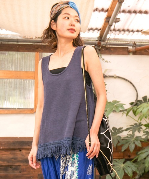 チャイハネ（チャイハネ）の「【チャイハネ】ボヘミーフリンジタンクトップ（タンクトップ・レディース・ホワイト/ネイビー/ブラウン/ライトグリーン・FREE）」の4枚目の写真