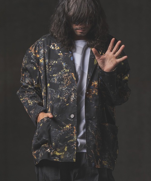 GLIMCLAP（グリムクラップ）の「mj8365-Botanical pattern loose silhouette jacket ジャケット（テーラードジャケット・メンズ・ブラック/オフホワイト・L/M/S）」の3枚目の写真