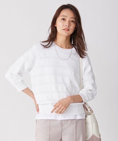 J.PRESS(ジェイプレス)の「【洗える】コットンテープレーシー ニット(ニット/セーター・レディース・ホワイト系/ベージュ系/サックスブルー系/オレンジ系・MEDIUM/LARGE)」の1枚目の写真