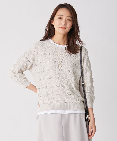J.PRESS(ジェイプレス)の「【洗える】コットンテープレーシー ニット(ニット/セーター・レディース・ホワイト系/ベージュ系/サックスブルー系/オレンジ系・MEDIUM/LARGE)」の2枚目の写真