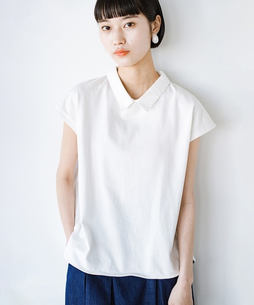 haco!(ハコ)の「異素材遣いの衿がきちんとかわいい!PBPオーガニックコットン ちょい袖Tシャツ(Tシャツ/カットソー)」|オフホワイト