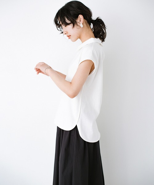 haco!(ハコ)の「異素材遣いの衿がきちんとかわいい!PBPオーガニックコットン ちょい袖Tシャツ(Tシャツ/カットソー・レディース・オフホワイト/ダークネイビー・SMALL/MEDIUM/LARGE/X-LARGE)」の7枚目の写真