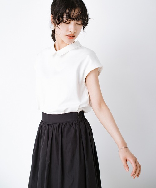 haco!(ハコ)の「異素材遣いの衿がきちんとかわいい!PBPオーガニックコットン ちょい袖Tシャツ(Tシャツ/カットソー・レディース・オフホワイト/ダークネイビー・SMALL/MEDIUM/LARGE/X-LARGE)」の11枚目の写真