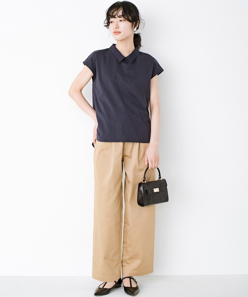 haco!(ハコ)の「異素材遣いの衿がきちんとかわいい!PBPオーガニックコットン ちょい袖Tシャツ(Tシャツ/カットソー・レディース・オフホワイト/ダークネイビー・SMALL/MEDIUM/LARGE/X-LARGE)」の4枚目の写真