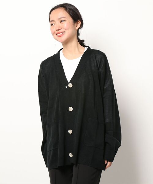 Samansa Mos2（サマンサ モスモス）の「【マシンウォッシャブル】リネンタッチＶネックカーディガン（カーディガン/ボレロ・レディース・ブラック/ブルー/グリーン/キナリ・ﾌﾘ-）」の3枚目の写真