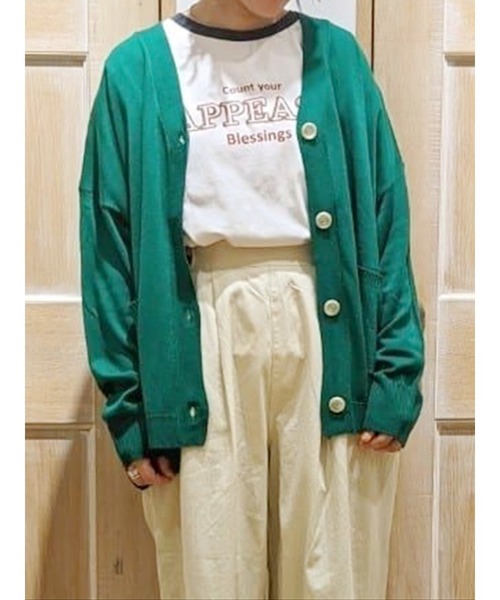 Samansa Mos2（サマンサ モスモス）の「【マシンウォッシャブル】リネンタッチＶネックカーディガン（カーディガン/ボレロ・レディース・ブラック/ブルー/グリーン/キナリ・ﾌﾘ-）」の4枚目の写真