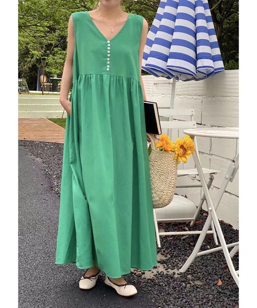 アロハプリント スクエアネック前釦ノースリワンピース ワンピース